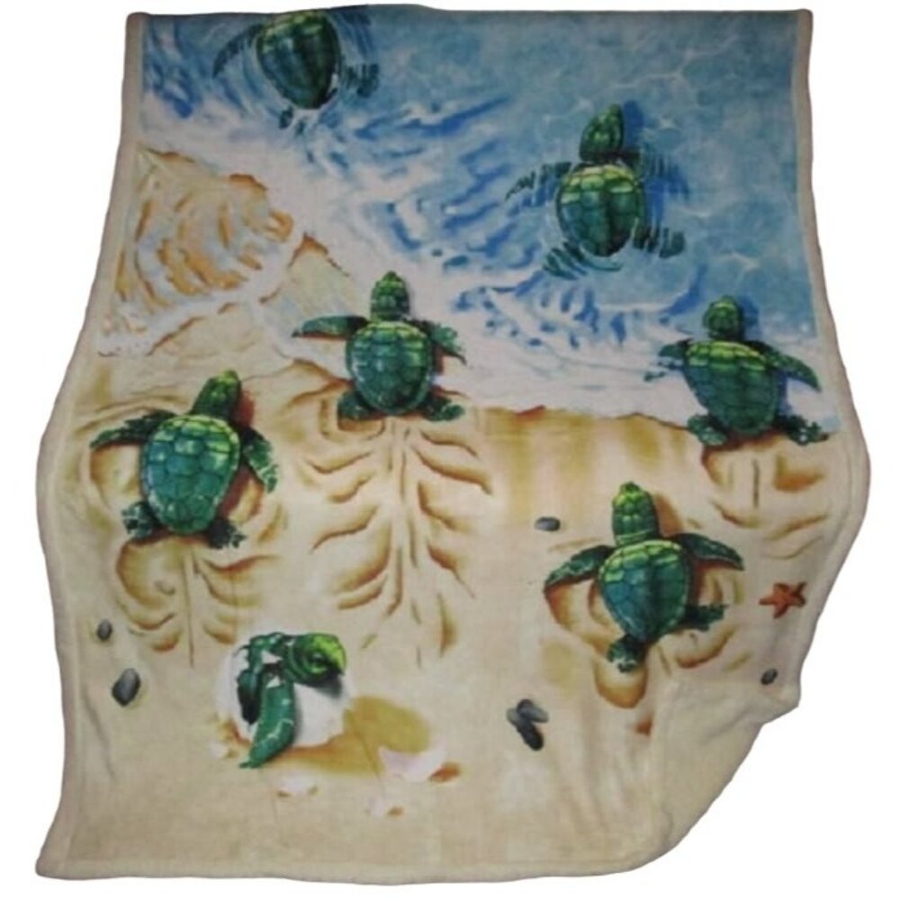 New Baby Sea Turtles on the Beach Fleece Sherpa Gift Throw Blanket Green Honu